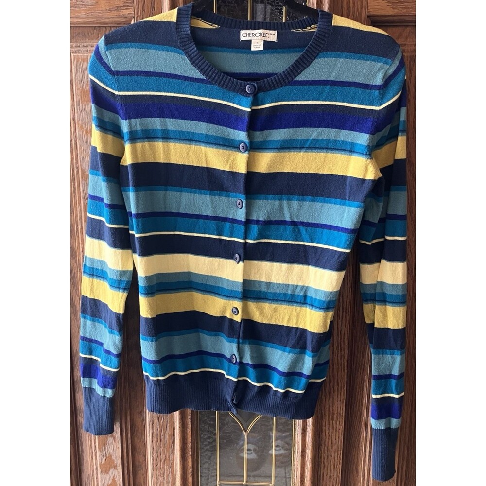 Cherokee Cardigan Sweater Womens Medium Blue Yellow Stripe Knit Long Sleeve Sz S